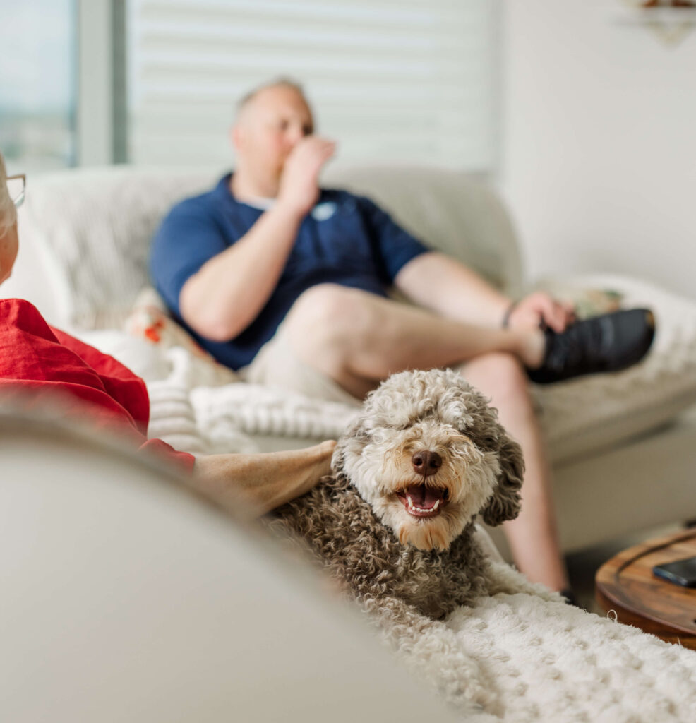 Happy doodle relaxing during Dogology University in-home dog training in Grand Haven Michigan